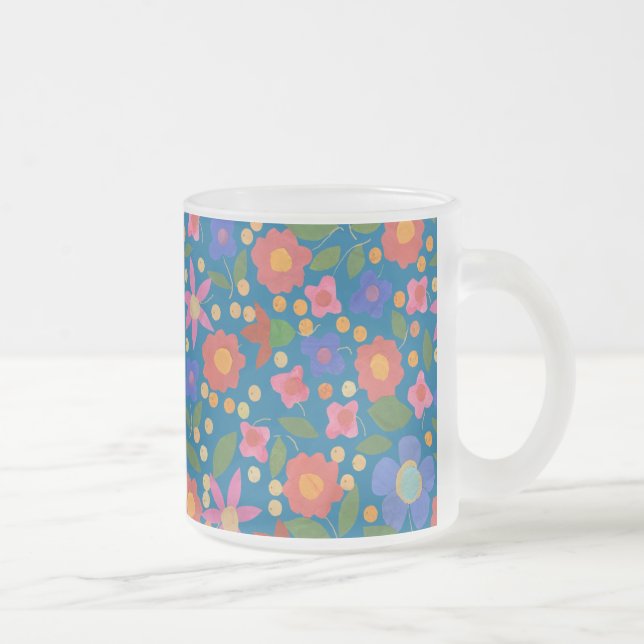 Taza De Cristal Esmerilado Floral estilo arte popular sobre café de vidrio az (Derecha)