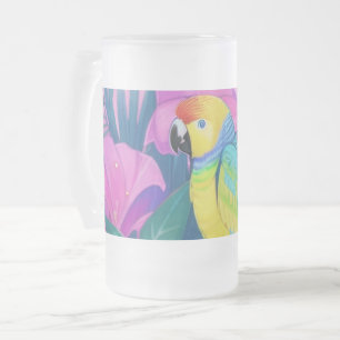 Taza De Cristal Esmerilado Floral/hawaiano/tropical/loro