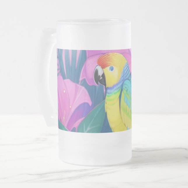 Taza De Cristal Esmerilado Floral/hawaiano/tropical/loro (Anverso izquierdo)