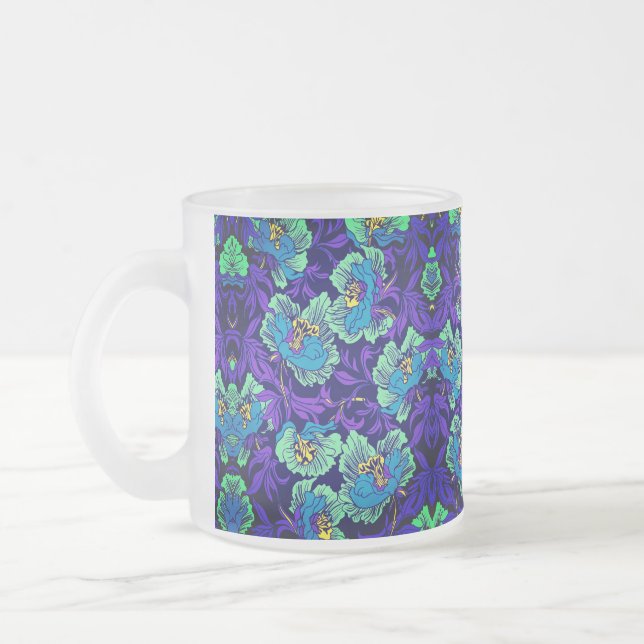 Taza De Cristal Esmerilado Flores moradas y azules William Morris (Izquierda)