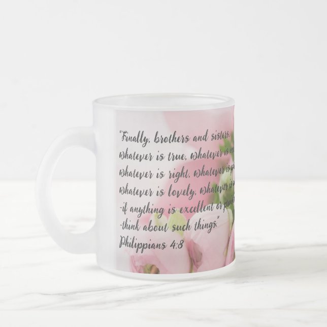 Taza De Cristal Esmerilado Flores rosadas pasteles Verse en la Biblia (Izquierda)