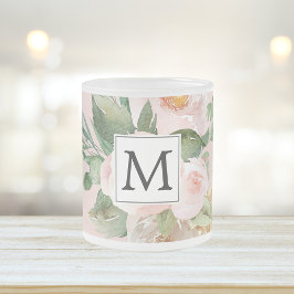 Taza De Cristal Esmerilado Flores rosas color de agua modernas monogramadas