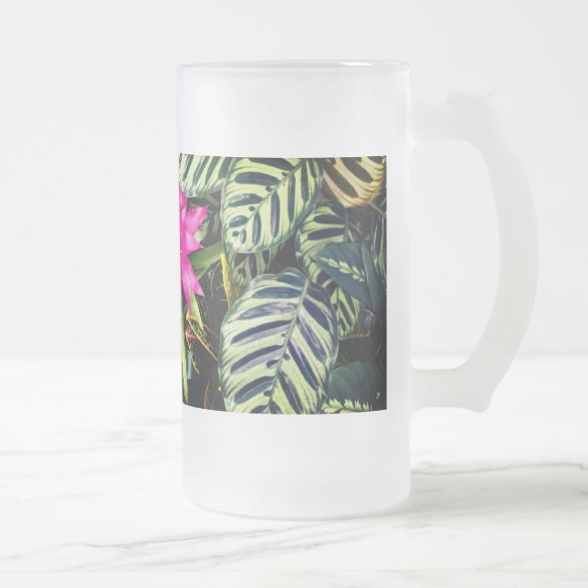 Taza De Cristal Esmerilado Flores rosas, plantas tropicales (Derecha)