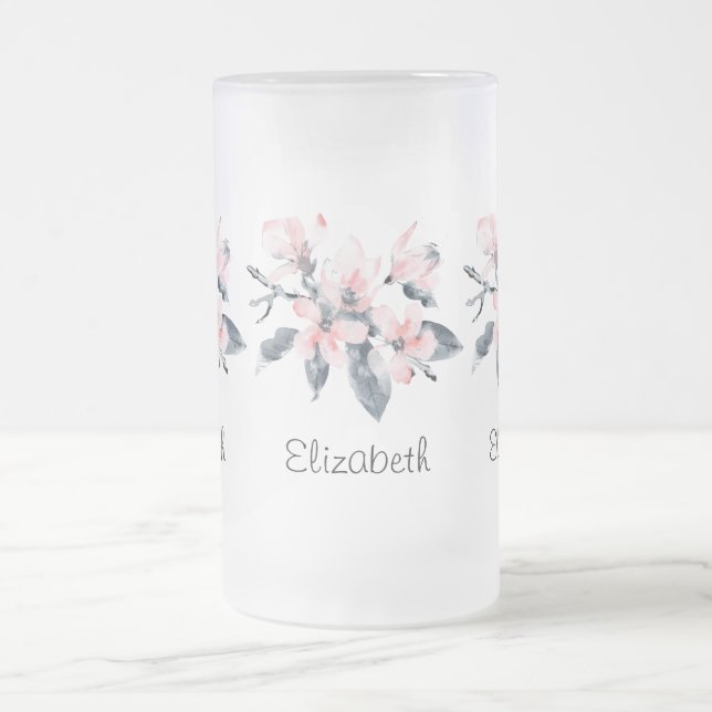 Taza De Cristal Esmerilado Flores rosas y grises acuarela clásica (Centro)