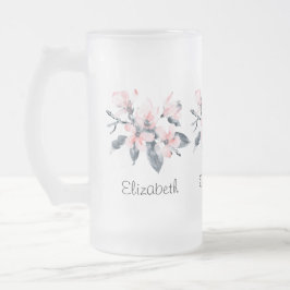 Taza De Cristal Esmerilado Flores rosas y grises acuarela clásica