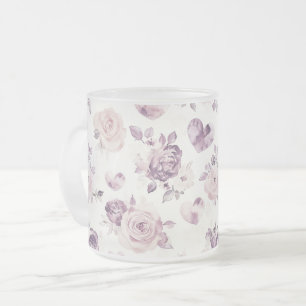 Taza De Cristal Esmerilado Flores y Corazones Rosa Purpura  