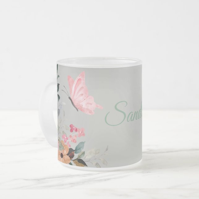 Taza De Cristal Esmerilado Flores y mariposas acuarelas personalizadas (Anverso izquierdo)