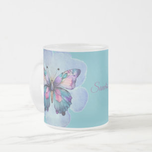 Taza De Cristal Esmerilado Flores y mariposas acuarelas personalizadas