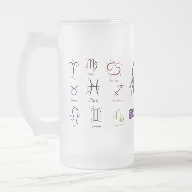 Taza De Cristal Esmerilado Frosted Glass Beer Mug ECC,ESMALTADO ZODIACAL (Izquierda)