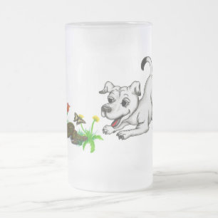 Taza De Cristal Esmerilado Frühlingserwachen, Welpe mit Schmetterling