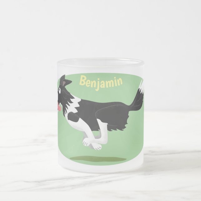 Taza De Cristal Esmerilado Funny Border Collie perro corriendo personalizado (Centro)