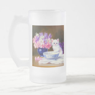 Taza De Cristal Esmerilado Gatito blanco vintage con cinta morada