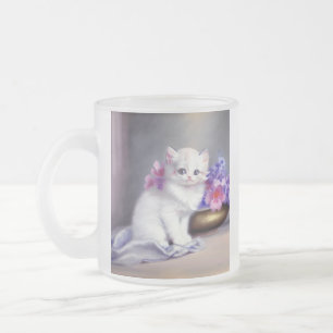 Taza De Cristal Esmerilado Gatito blanco vintage con flores rosadas y moradas