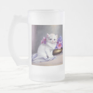 Taza De Cristal Esmerilado Gatito blanco vintage con flores rosadas y moradas