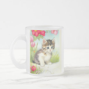 Taza De Cristal Esmerilado Gatito blanco y marrón vintage con flores
