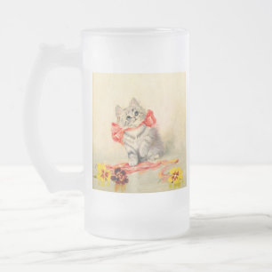 Taza De Cristal Esmerilado Gatito con cinta roja