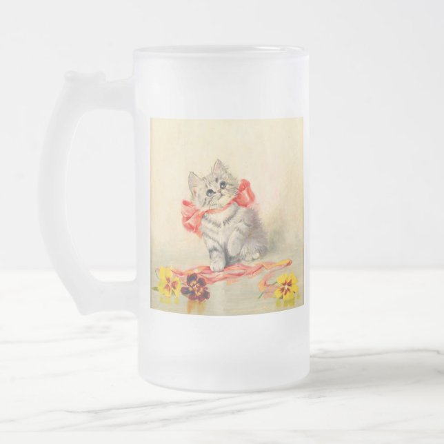 Taza De Cristal Esmerilado Gatito con cinta roja (Izquierda)