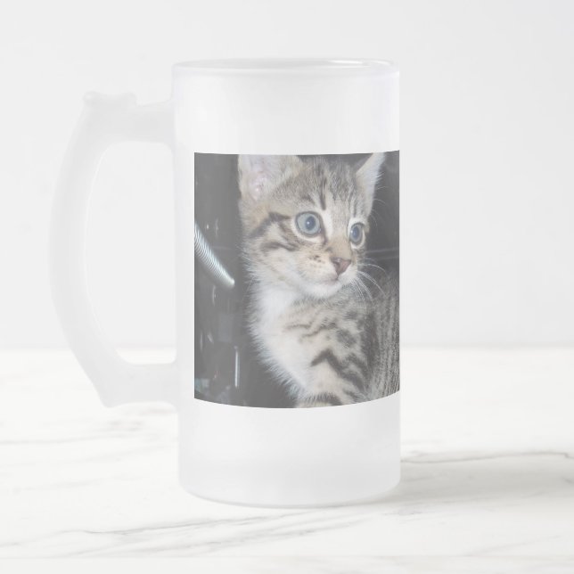 Taza De Cristal Esmerilado Gatito Gris Fluffy, Ojo Azul, (Izquierda)