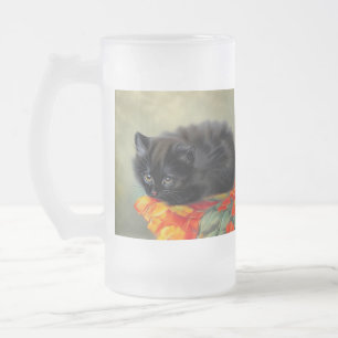 Taza De Cristal Esmerilado Gatito negro vintage con manta de flores rojas