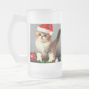 Taza De Cristal Esmerilado Gatito vintage de Navidad con sombrero de Santa