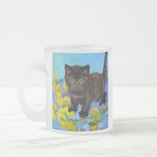Taza De Cristal Esmerilado Gato al Estilo de Van Gogh con Girasoles