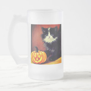 Taza De Cristal Esmerilado Gato atigrado vintage en blanco y negro de Hallowe