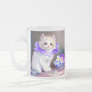 Taza De Cristal Esmerilado Gato blanco con pintura de cuello de flores morada