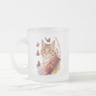 Taza De Cristal Esmerilado Gato con mariposas monarcas
