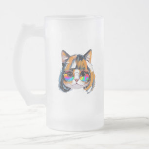 Taza De Cristal Esmerilado Gato con peluca + Gafas de sol (Pintura #2)