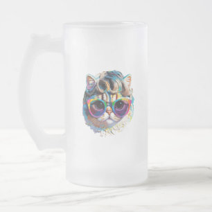 Taza De Cristal Esmerilado Gato con peluca + gafas de sol (Pintura #4)