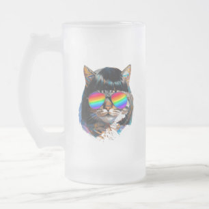 Taza De Cristal Esmerilado Gato con peluca + Gafas de sol (Pintura #5)