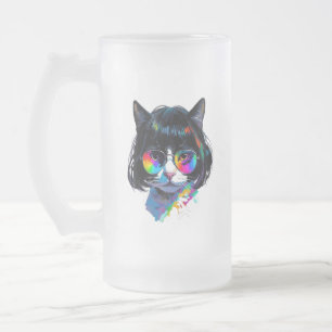 Taza De Cristal Esmerilado Gato con peluca + Gafas de sol (Pintura #6)