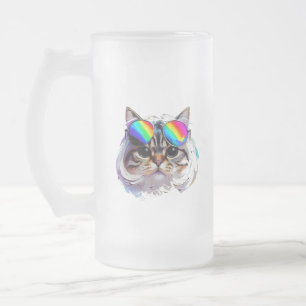 Taza De Cristal Esmerilado Gato con peluca y gafas de sol (Cuadro #3)