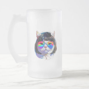 Taza De Cristal Esmerilado Gato con peluca y gafas de sol (Pintura #7)