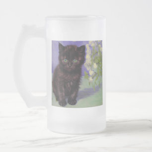 Taza De Cristal Esmerilado Gato estilo Van Gogh con flores blancas
