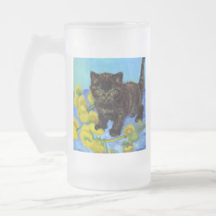 Taza De Cristal Esmerilado Gato estilo Van Gogh con girasoles