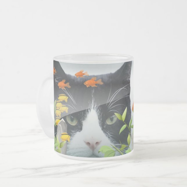 Taza De Cristal Esmerilado Gato fotográfico personalizado mirando en un tanqu (Anverso izquierdo)