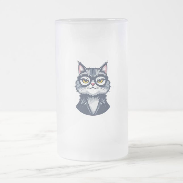 Taza De Cristal Esmerilado Gato inteligente con lentes de vidrio escarcha (Centro)