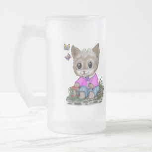 Taza De Cristal Esmerilado Gato Kitty y mariposa