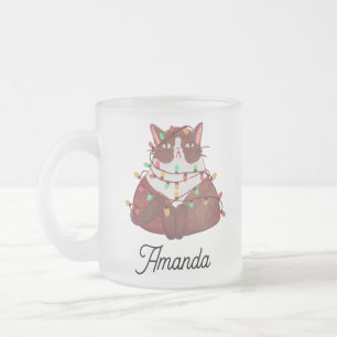 Taza De Cristal Esmerilado Gato lindo con navidades liviano de vidrio esmeril