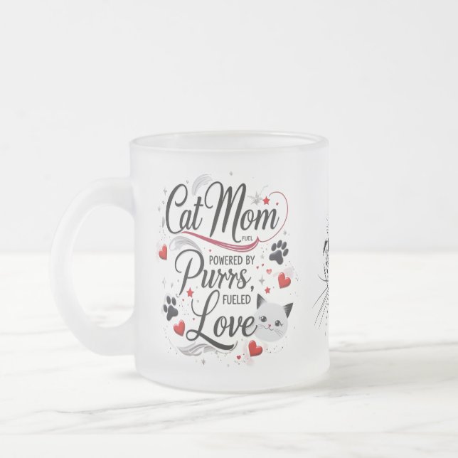 Taza De Cristal Esmerilado Gato Mamá Frotada Mug de vidrio - Paws, Purs & Lov (Izquierda)