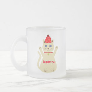 Taza De Cristal Esmerilado Gato Navideño Adorable con Nombre Personalizado