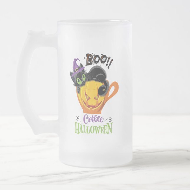 Taza De Cristal Esmerilado Gato negro boo, calabaza temerosa café Halloween (Izquierda)