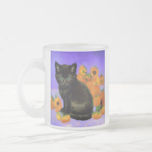 Taza De Cristal Esmerilado Gato Negro de Van Gogh con Girasoles
