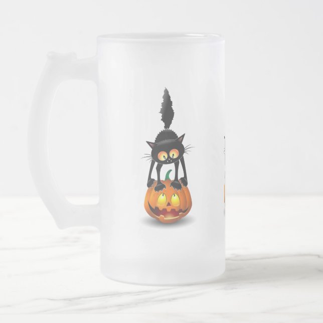 Taza De Cristal Esmerilado Gato Personalizado asustado de Halloween en calaba (Izquierda)