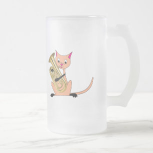 Taza De Cristal Esmerilado Gato que juega el Euphonium