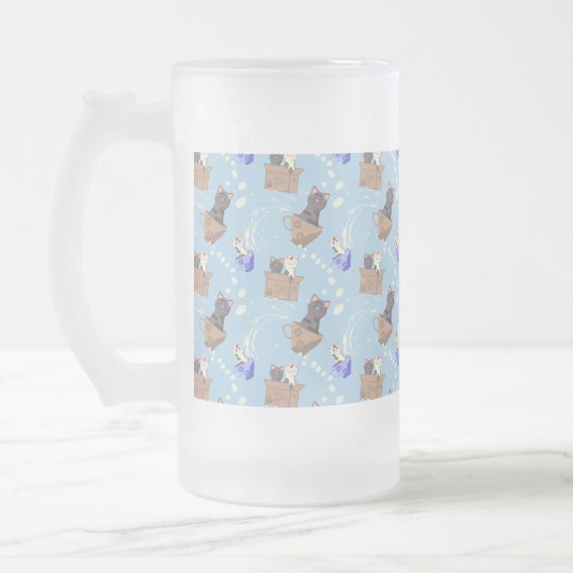 Taza De Cristal Esmerilado Gatos en caja y gotas de leche en azul (Izquierda)