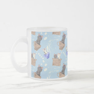 Taza De Cristal Esmerilado Gatos en caja y gotas de leche en azul