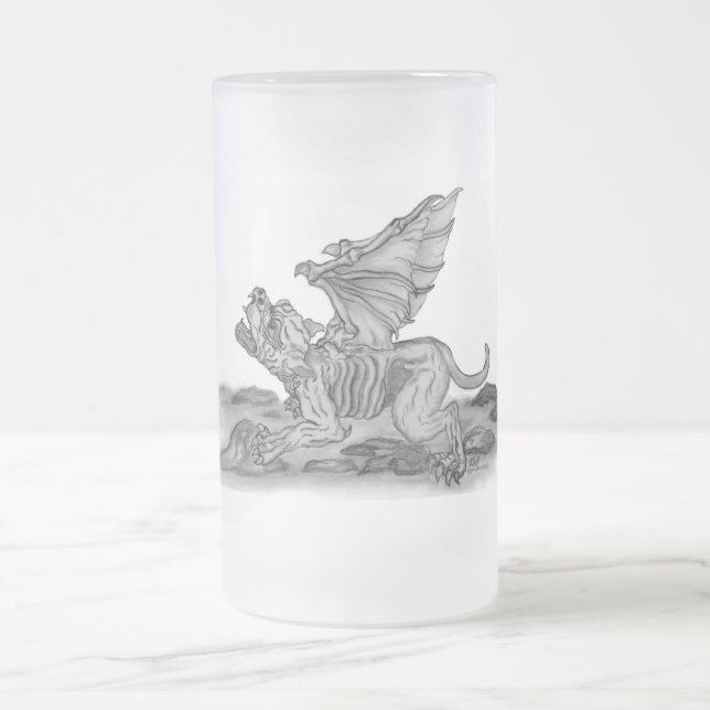 Taza De Cristal Esmerilado GOLEM Gargoyle Diseño en blanco y negro (Centro)
