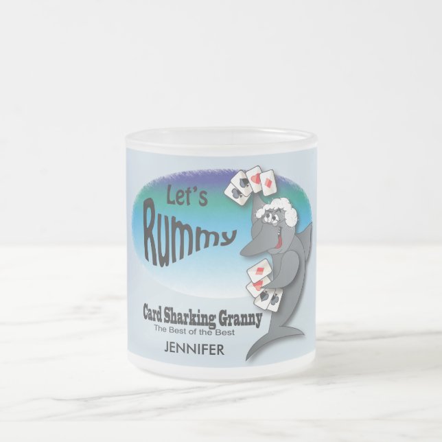 Taza De Cristal Esmerilado Graciosa abuela de tiburón con tarjeta - Gin Rummy (Centro)